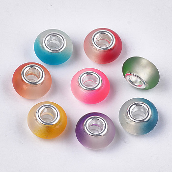 Resin European Beads, Large Hole Beads, with Silver Color Plated Brass Cores, Rubberized Style, Rondelle, Mixed Color, 14x8mm, Hole: 5mm