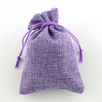 Polyester Imitation Burlap Packing Pouches Drawstring Bags, Lilac, 18x13cm