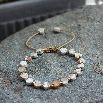 Bohemian Dyed Natural Imperial Jasper Heart Bead Braided Bead Bracelets for Women, with Brass Beads and Wax Cord, White, 5.91~9.84 inch(15~25cm)