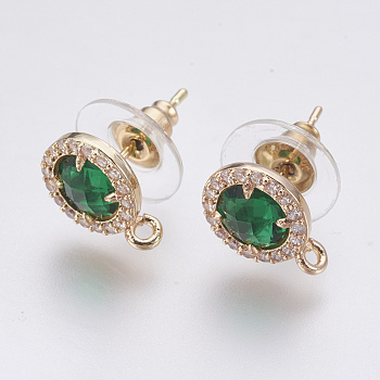 Faceted Glass Stud Earring Findings, with Loop, Brass Micro Pave Cubic Zirconia Findings, Flat Round, Light Gold, Green, 12x9x4mm, Hole: 1.2mm, Pin: 0.8mm