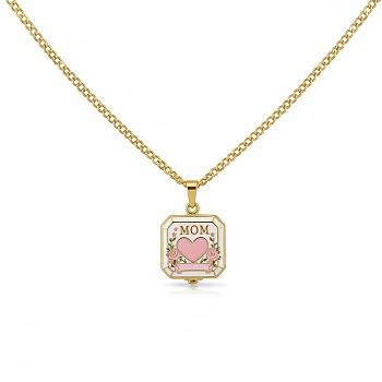 Mother's Day Brass Enamel Pink Heart Mom Openable Square Locket Pendant Necklaces for Women, Real 18K Gold Plated, 17.72 inch(45cm)