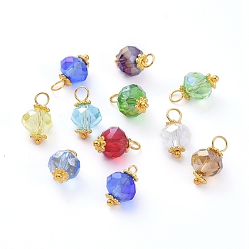 Electroplate Faceted Glass Charms, with Alloy Flower Daisy Spacer Beads and Brass Findings, Rondelle, Golden, Mixed Color, 13.5x7.5~8mm, Hole: 3mm