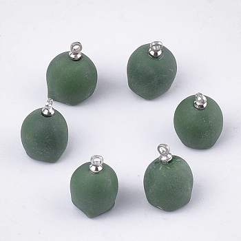 Handmade Porcelain Charms, Frost, with Brass Findings, Platinum, Green, 14~15x10~11mm, Hole: 1.5mm