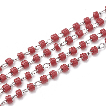 TOHO Japan Import Seed Beads, Handmade Glass Beaded Chains, Soldered, with Spool, with Stainless Steel Findings, Column, Stainless Steel Color, Dark Red, 2mm, about 26.24 Feet(8m)/strand