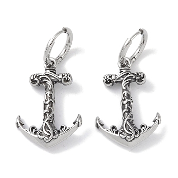 316 Surgical Stainless Steel Hoop Earrings, Anchor, Antique Silver, 31x21mm