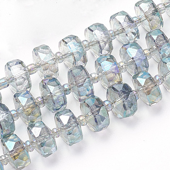 Electroplat Glass Beads Strands, Rainbow Plated, Faceted, Rondelle, Dark Turquoise, 10x6.5mm, Hole: 1.2mm, about 60pcs/strand, 18.9 inch