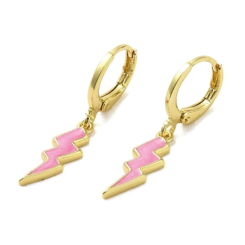 Lightning Bolt Real 18K Gold Plated Brass Dangle Leverback Earrings, with Enamel, Pink, 29x5.5mm