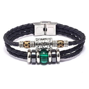 Leather Multi-strand Bracelets, with Malachite, Synthetic Hematite, Alloy Findings and Stainless Steel Clasps, 8-1/8 inch(20.5cm), 13mm