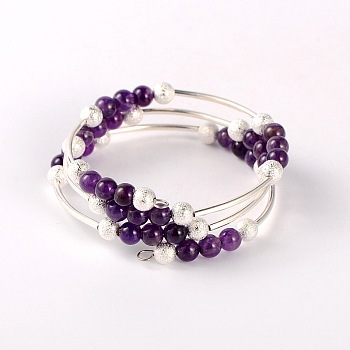 Natural Gemstone Wrap Bracelets, with Brass Textured Beads and Brass Tube Beads, Silver Color Plated, Amethyst, 52mm