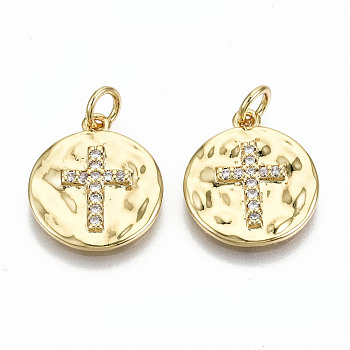 Hammered Brass Micro Pave Clear Cubic Zirconia Pendants, with Jump Rings, Nickel Free, Flat Round with Cross, Real 16K Gold Plated, 17x15x2mm, Jump Ring: 5x0.8mm, 3.4mm inner diameter