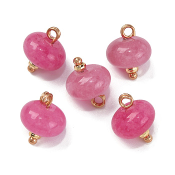 Natural White Jade Dyed Saucer Charms with Rack Plating Golden Tone Brass Bails, Deep Pink, 12x10mm, Hole: 1.5~1.6mm