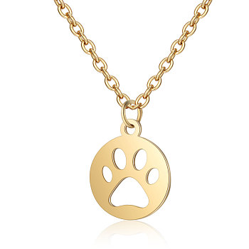 201 Stainless Steel Pendants Necklaces, Flat Round with Dog's Paw, Golden, 16.3 inch(40cm)x1mm