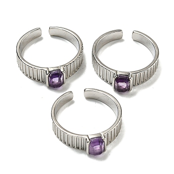 Natural Amethyst Adjustable Rings, with Platinum Brass Findings, Long-Lasting Plated, Jewely for Women, Rectangle, Adjustable