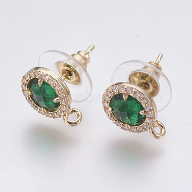 Light Gold Green Flat Round Brass+Glass Stud Earring Findings