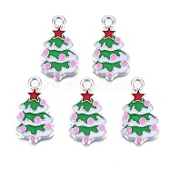 Christmas Tree Alloy Enamel Pendants, Christmas Theme, Pearl Pink, Platinum, 26x15x2mm, Hole: 3mm(X-ENAM-R041-18)