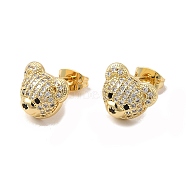Cubic Zirconia Bear Stud Earrings, Real 18K Gold Plated Brass Jewelry for Women, Cadmium Free & Lead Free, Clear, 10x12mm, Pin: 0.7mm(X-EJEW-G341-01G)