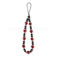 Round Natural Lava Rock & Heart Glass Beaded Mobile Straps, Nylon Braided Strap Mobile Accessories Decoration, 190mm(HJEW-TA00027)