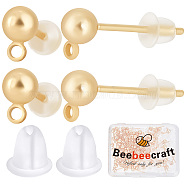 100Pcs Brass Ball Stud Earring Post, with Horizontal Loops and 100Pcs Plastic Ear Nuts, Real 18K Gold Plated, 15mm, Hole: 1.2mm, Pin: 0.7mm(KK-BBC0004-69)