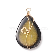 Natural Crackle Agate Pendants, Golden Tone Copper Wire Wrapped Teardrop Charms, Dark Khaki, 48x27x6.5mm, Hole: 4.5mm(PALLOY-JF01867-01)