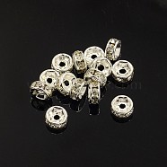 Brass Rhinestone Spacer Beads, Grade A, Crystal, Straight Flange, Rondelle, Silver Color Plated, 5x2.5mm, Hole: 1mm(X-RB-A014-Z5mm-01S)