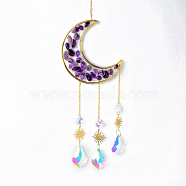 Natural Amethyst Chips Moon Pendant Decoration, Hanging Suncatchers, with Glass Teardrop Charm, for Home Garden Decoration, 400mm(DJEW-PW0019-13D)