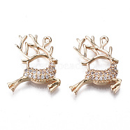 Brass Micro Pave Clear Cubic Zirconia Pendants, Long-Lasting Plated, Cadmium Free & Lead Free, Christmas Reindeer/Stag, Light Gold, 18.5x15.5x3mm, Hole: 1mm(X-KK-S359-118-RS)