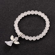 Stretchy Frosted Glass Beads Kids Charm Bracelets for Children's Day, with Tibetan Style Acrylic Findings, Lovely Wedding Dress Angel Dangle, White, 40mm(BJEW-JB01769-07)