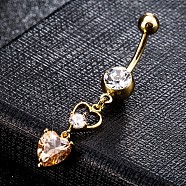 Piercing Jewelry, Brass Cubic Zirconia Navel Ring, Belly Rings, with Surgical Stainless Steel Bar, Cadmium Free & Lead Free, Real 18K Gold Plated, Heart, Orange, 45x8mm, Bar: 15 Gauge(1.5mm), Bar Length: 3/8"(10mm)(AJEW-EE0003-49B)
