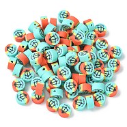 Handmade Polymer Clay Beads, Flat Round with Anchor & Word LLAWAH Pattern, Light Sea Green, 9x5mm, Hole: 1.8mm(CLAY-CJC0001-02)