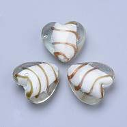 Handmade Gold Sand Lampwork Beads, Heart, White, 33~35x34~36x16~17mm, Hole: 2~3mm(LAMP-R138-02F)