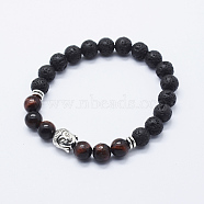 Natural Lava Rock and Red Tiger Eye Stretch Bracelets, with Alloy Buddha's Head, Antique Silver, 2-3/8 inch(59mm)(BJEW-E318-03A)