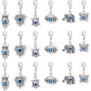 Evil Eye Pendant Decorations, Alloy & Resin Lobster Clasp Charms, Lotus Flower & Owl & Elephant & Eye & Butterfly & Tortoise, Antique Silver & Platinum, 28~36mm, 6pcs/set, 4 sets/box(HJEW-CA0001-37)