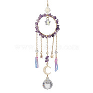 Natural Amethyst Chip Pendant Decorations with Brass Moon & Cable Chain & Electroplated Quartz Crystal Tassel, Faceted Round Glass Crystal Ball & Star Prism Suncatchers, 278mm(HJEW-JM01650-03)