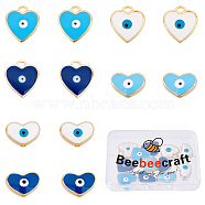 Beebeecraft 12Pcs 6 Style Golden Tone Brass Beads, with Enamel, Heart with Evil Eye, Mixed Color, 11~17x15x2~4.5mm, Hole: 1.6~3mm, 2pcs/style(ENAM-BBC0001-02)