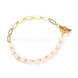 Natural Pearl Beaded Bracelets for Girl Women Gift, Flower Toggles Clasps Brass Figaro Chain Bracelet, Golden, 7-7/8 inch(20cm)(BJEW-JB06821)