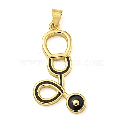 Rack Plating Brass Enamel Pendant, Lead Free & Cadmium Free, Long-Lasting Plated, Real 18K Gold Plated, Stethoscope Charm, Black, 31x17x2.5mm, Hole: 3.4mm(KK-Z063-39G-02)