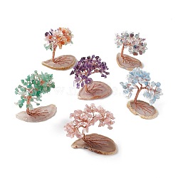 Natural Gemstone Tree Display Decoration, Agate Slice Base Feng Shui Ornament for Wealth, Luck, Rose Gold Brass Wires Wrapped, 42~50x74~79x83~86mm(DJEW-G027-01RG)