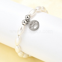 304 Stainless Steel Flat Round with Paw Print Charm Bracelets for Women, with Plastic Imitation Pearl Beads, Stainless Steel Color, 6-7/8 inch(17.5cm)(BJEW-C098-11P)