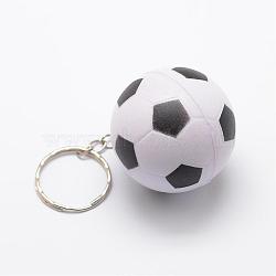 Plastic FootBall/Soccer Ball Keychain, with Alloy Key Findings, White & Black, 91mm(KEYC-D048-02)