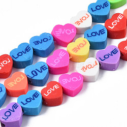 Handmade Polymer Clay Bead Strands, Heart with Word LOVE, for Valentine's Day, Mixed Color, 8~9x9~9.5x4~5mm, Hole: 1.6mm, about 40pcs/strand, 14.06 inch~14.57 inch(35.7~37cm)(X-CLAY-N006-72)