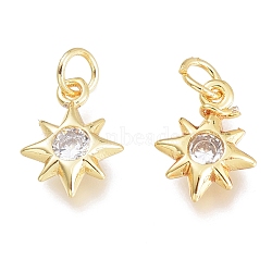 Brass Micro Pave Clear Cubic Zirconia Charms, with Jump Ring, Star, Golden, 10.5x7.5x2.5mm, Hole: 1.5mm, Jump Rings: 3.5x0.8mm(KK-M206-38G)