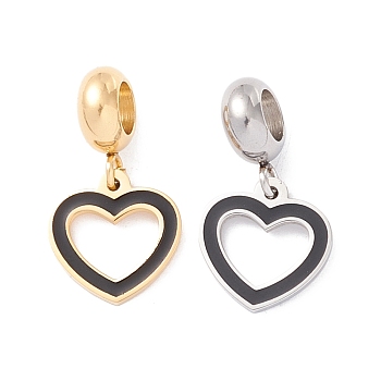 304 Stainless Steel European Dangle Charms, Large Hole Pendants, with Enamel, Golden & Stainless Steel Color, Heart, Black, 21.5mm, Hole: 4.5mm