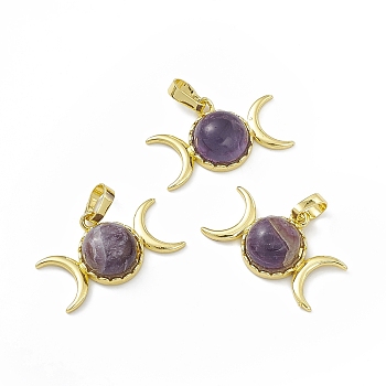 Natural Amethyst Pendants, Triple Moon Charms, with Golden Tone Rack Plating Brass Findings, Cadmium Free & Lead Free, 15x26x7mm, Hole: 6.5x4mm