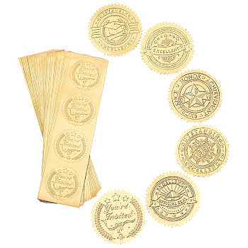 30 Sheets 6 Style Self Adhesive Gold Foil Embossed Stickers, Medal Decoration Sticker, Mixed Patterns, 22x6x5x0.05cm, 5 sheet/style