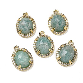 Natural Amazonite Faceted Oval Pendants, Rack Plating Brass Micro Pave Cubic Zirconia Charms, Golden, 15.5x11x4.5mm, Hole: 1.4mm