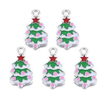 Christmas Tree Alloy Enamel Pendants, Christmas Theme, Pearl Pink, Platinum, 26x15x2mm, Hole: 3mm