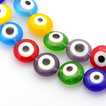 Handmade Evil Eye Lampwork Bead Strands, Flat Round, Mixed Color, 10x5mm, Hole: 1mm, about 41pcs/strands, 15 inch