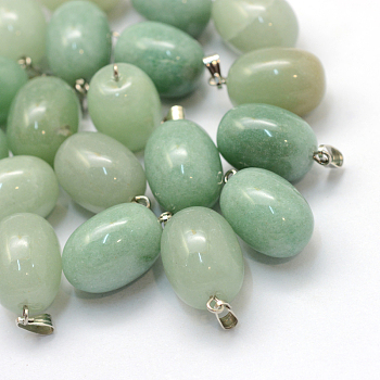 Oval Natural Green Aventurine Pendants, with Platinum Tone Brass Findings, 21~22x12~14mm, Hole: 2x7mm