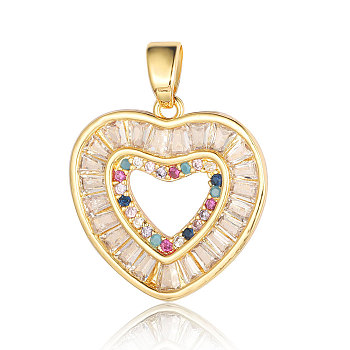 Brass Micro Pave Colorful Cubic Zirconia Pendants, Heart Charms, Real 18K Gold Plated, 21x20x2mm