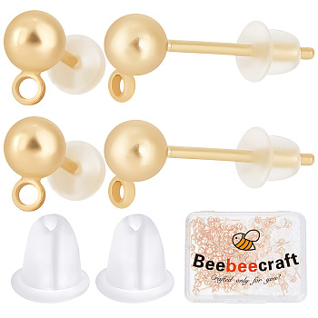 100Pcs Brass Ball Stud Earring Post, with Horizontal Loops and 100Pcs Plastic Ear Nuts, Real 18K Gold Plated, 15mm, Hole: 1.2mm, Pin: 0.7mm
